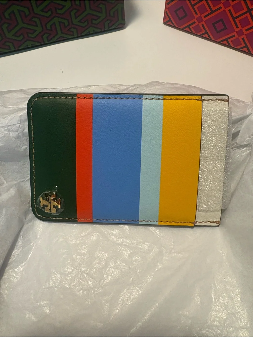 Tory Burch Multicolor Stripe Leather Card Holder - Blue/Yellow/Green